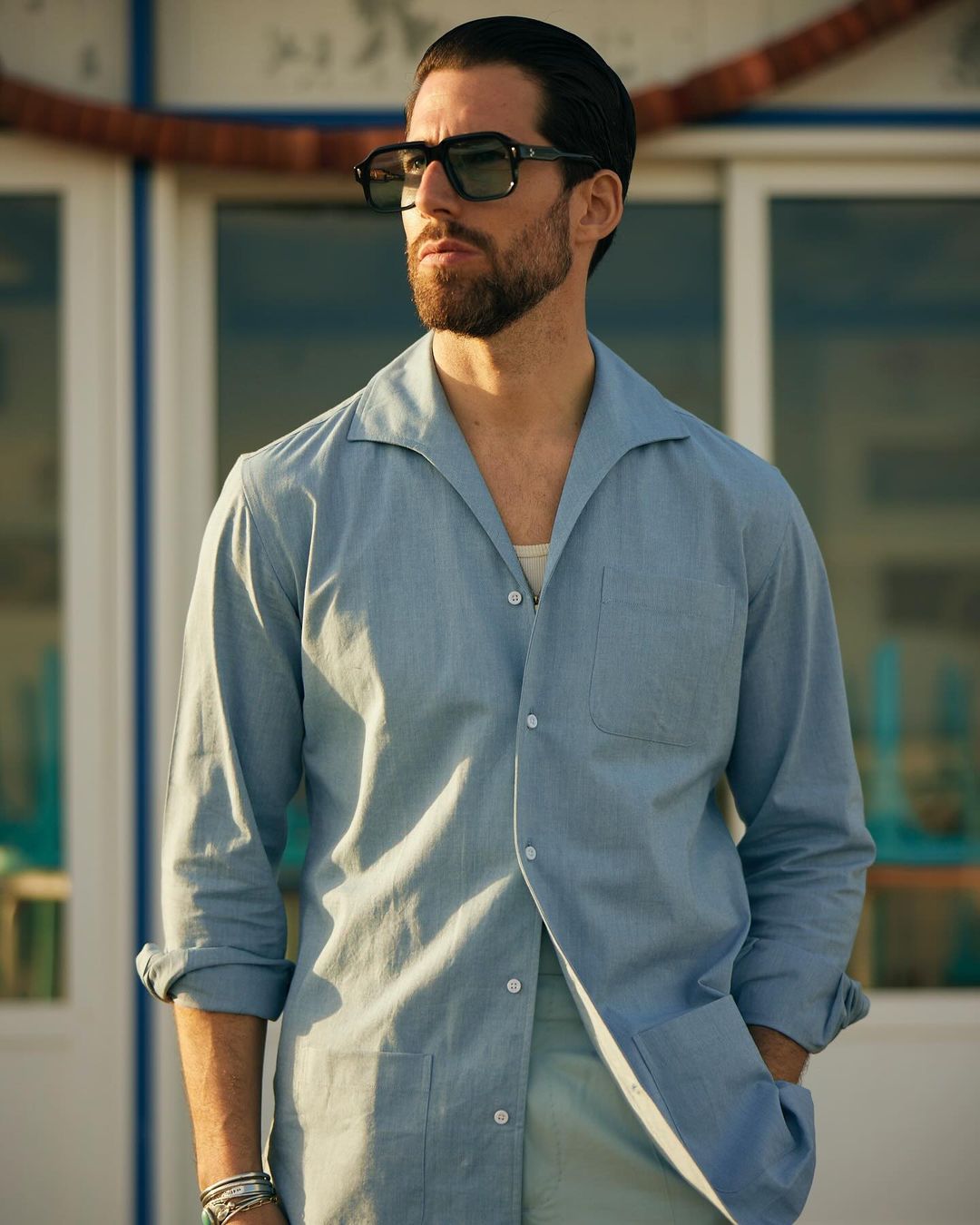 Air Blue Casual Chambray Shirt with one piece collar placket