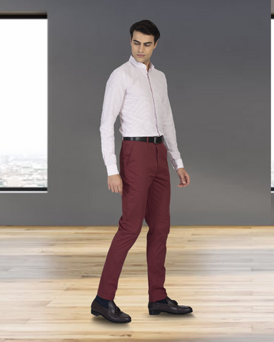 Model wearing custom Genoa Chino pants for men by Luxire in plum grey back ground