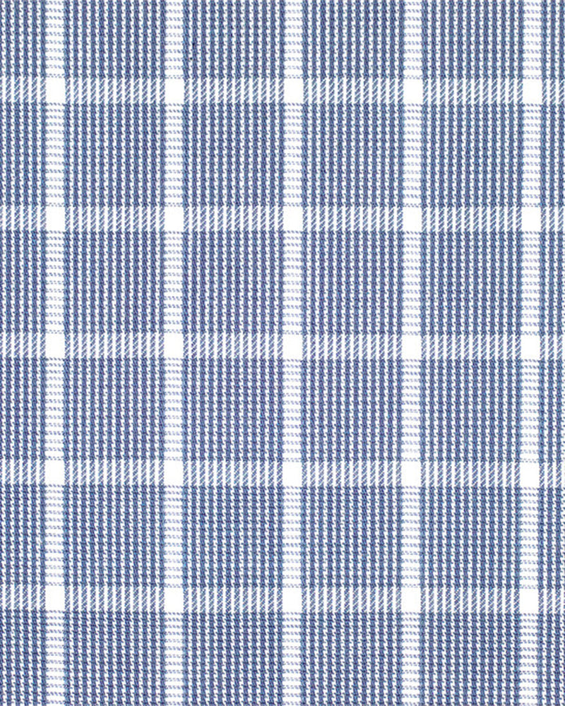 Closeup view of custom check shirts for men by Luxire in navy blue white grid 2