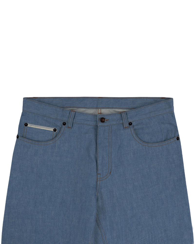 Front view of custom broken slub jeans for men by Luxire in light blue