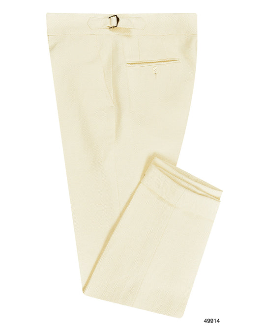 Side view of custom linen pants for men by Luxire in cream herringbone