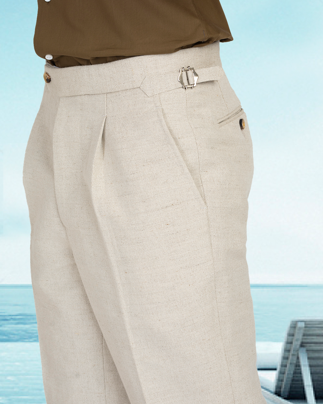 Side model view of custom linen shorts for men by Luxire in jute brown