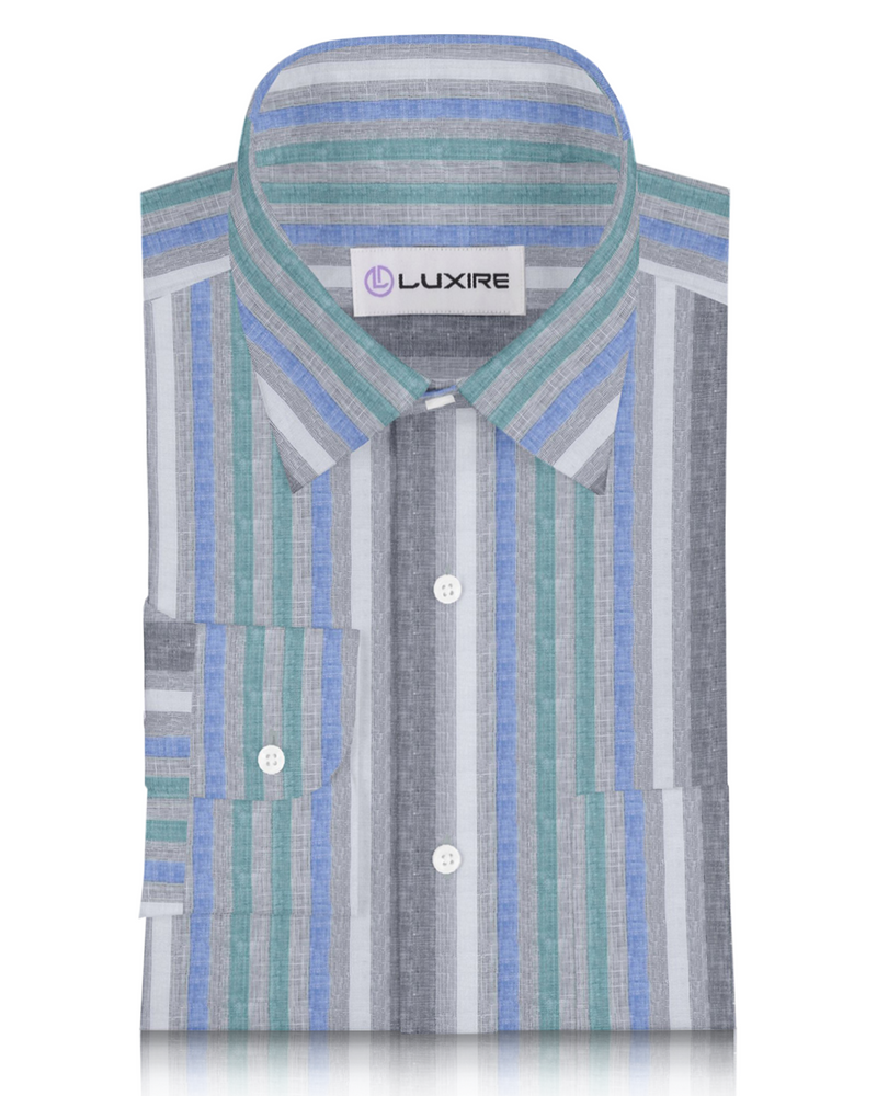 Front of custom linen shirt for men in green blue and white stripes by Luxire Clothing