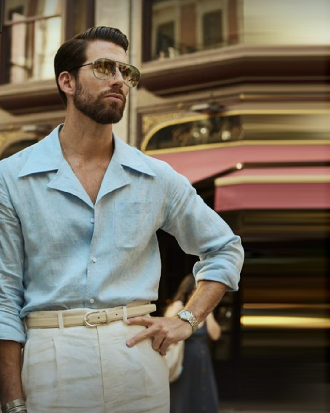 Model wearing the custom linen shirt for men in sky blue with collar by Luxire Clothing 2