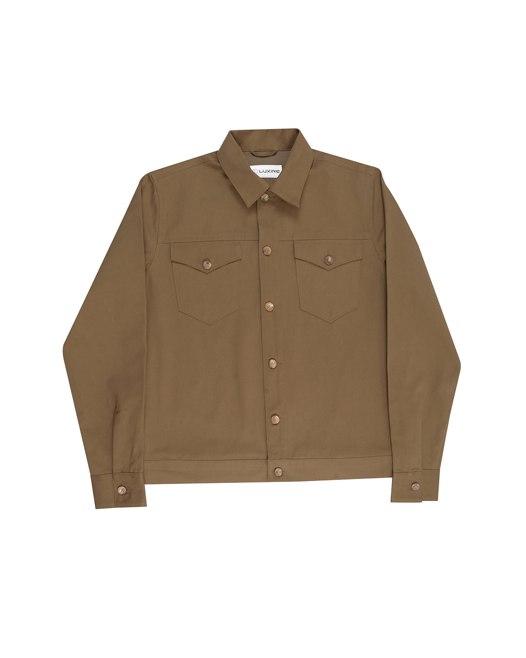Front of the twill shirt jacket for men by Luxire in khaki