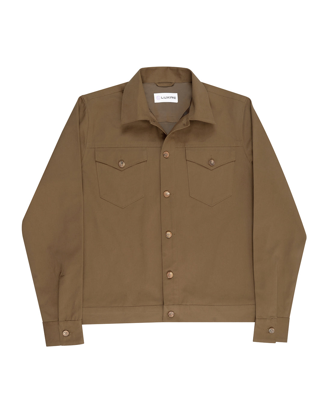 Front of the twill shirt jacket for men by Luxire in khaki 2
