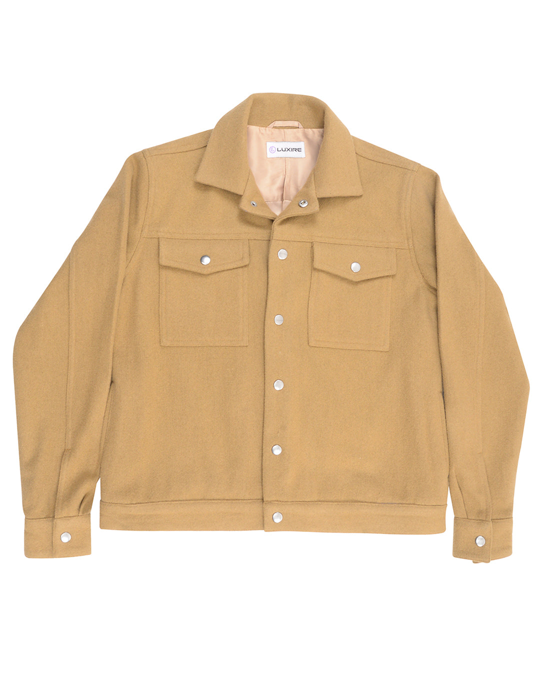 Front of the recycled wool shirt jacket for men by Luxire in camel 2