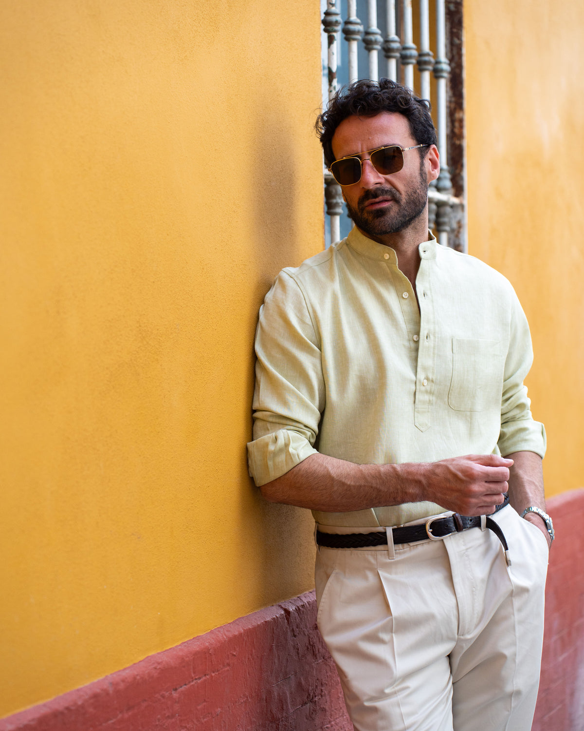 Light Olive Green Slub Linen Summer Shirt - 6