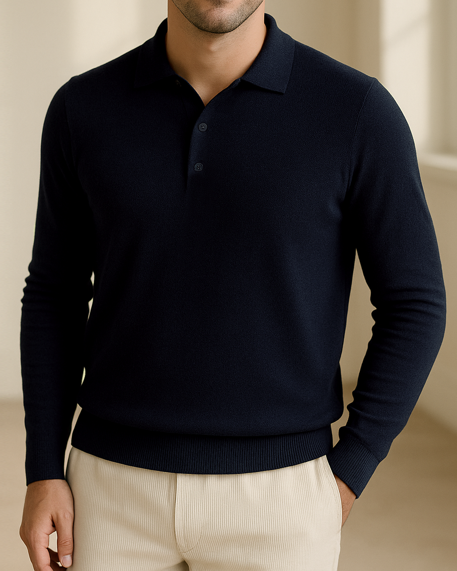 EZS Merino Wool Navy Long Sleeve Polo - 1