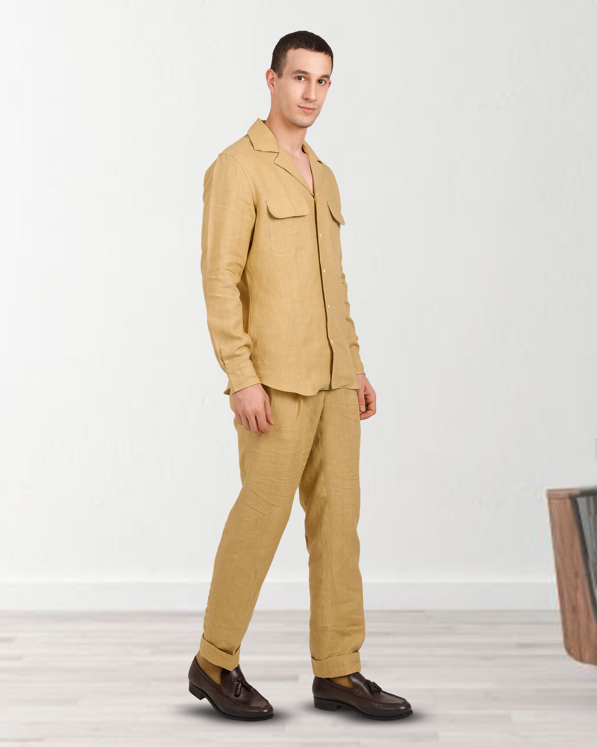 Camp Collar Shirt in Goldish Yellow Linen - 5