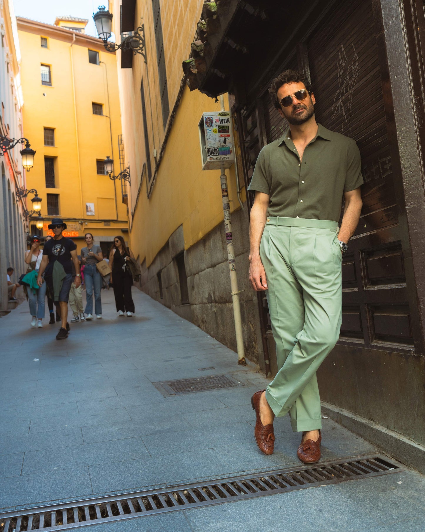 Pleated Pistachio Green Cotton Twill Pant