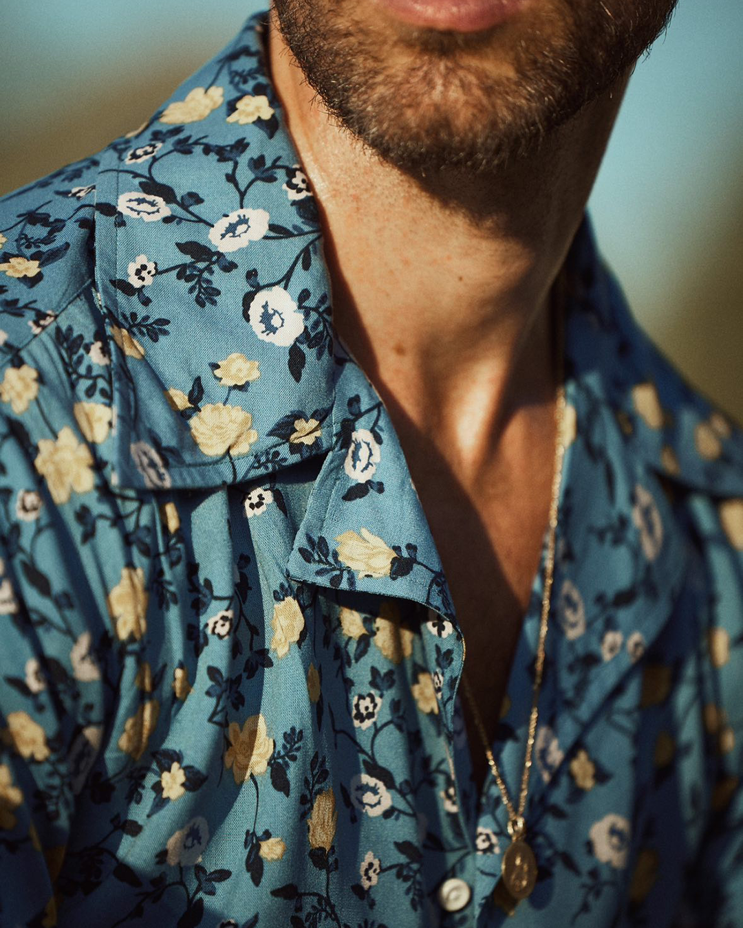 White and Yellow Flower on Light Blue Printed Shirt - 4