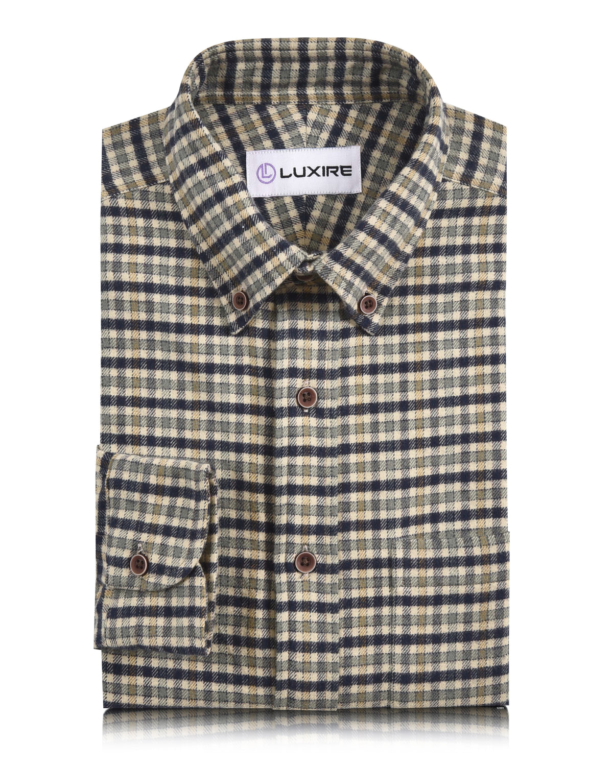 Navy Green Tattersall On Beige Flannel Work Shirt - 1