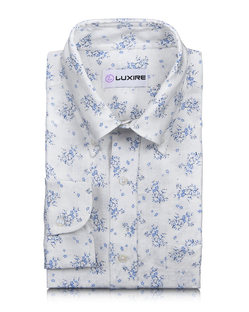 Linen: Pale Blue Printed shrubs On White
