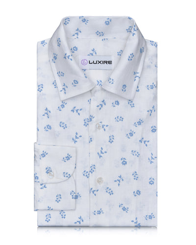 Linen: Pale Blue Printed Leaves On White
