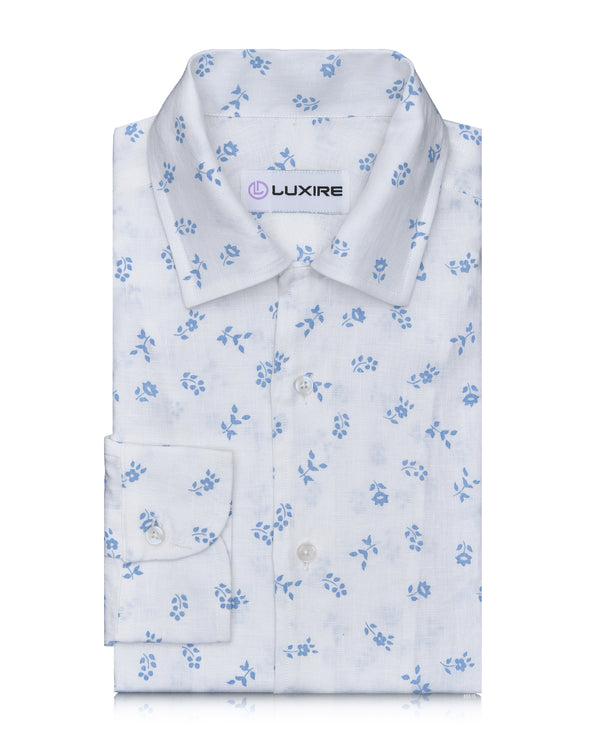 Linen: Pale Blue Printed Leaves On White