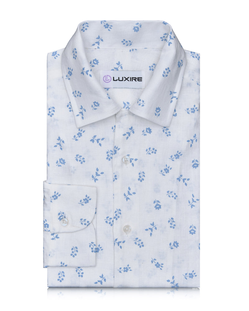 Linen: Pale Blue Printed Leaves On White