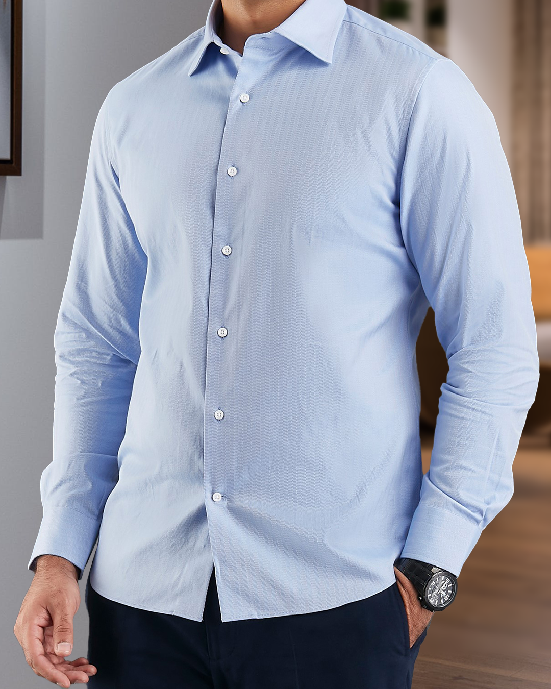 Sky Blue Herringbone Shirt - 1
