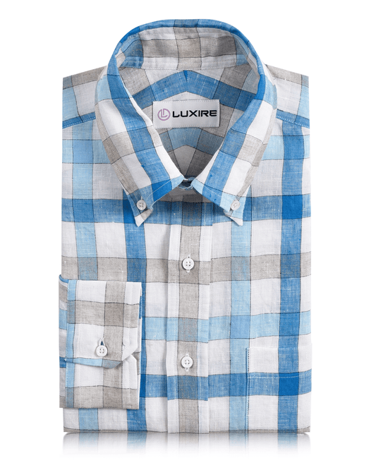 White Blue Ecru Linen Checks