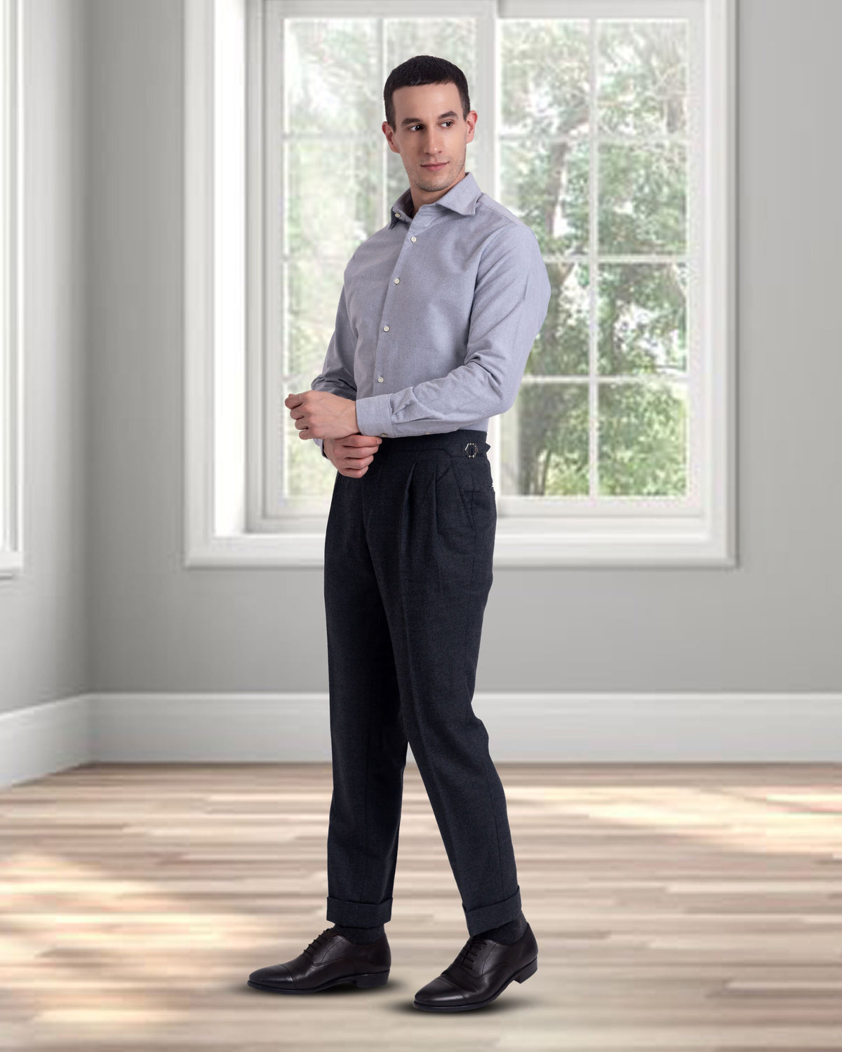 Pleated Dugdale Dark Grey Wool Flannel Dress Pant - 3