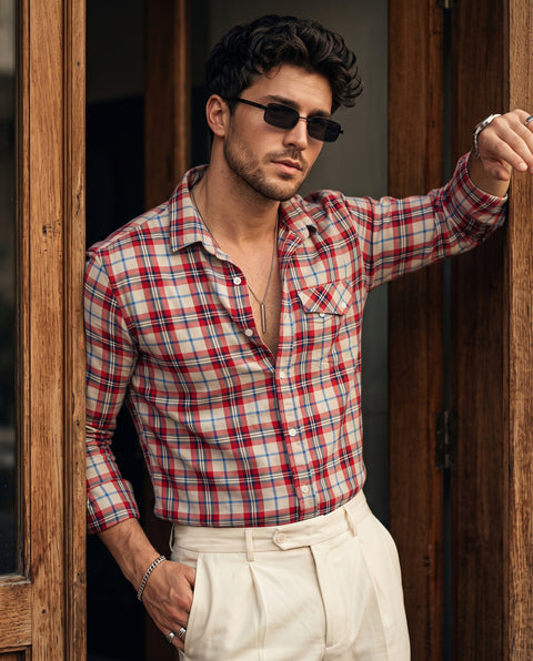 Red Navy Cream Twill Madras Checks