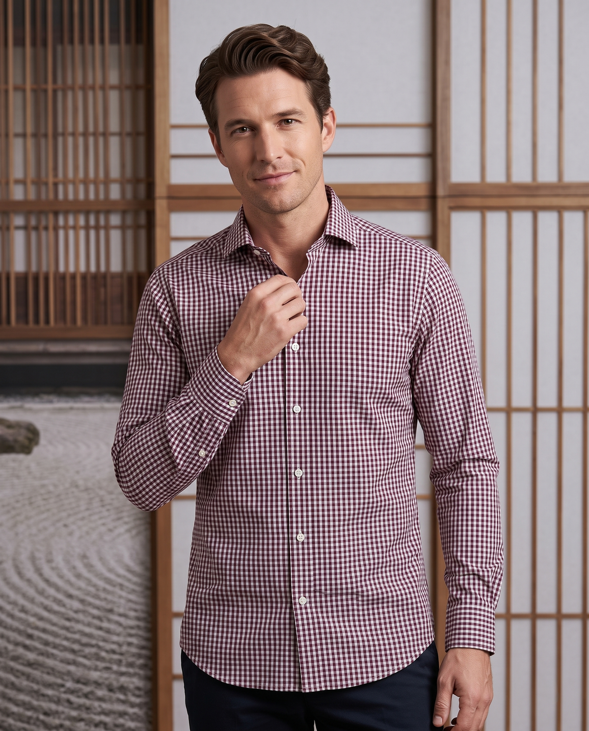 Maroon & White Gingham Shirt - 1