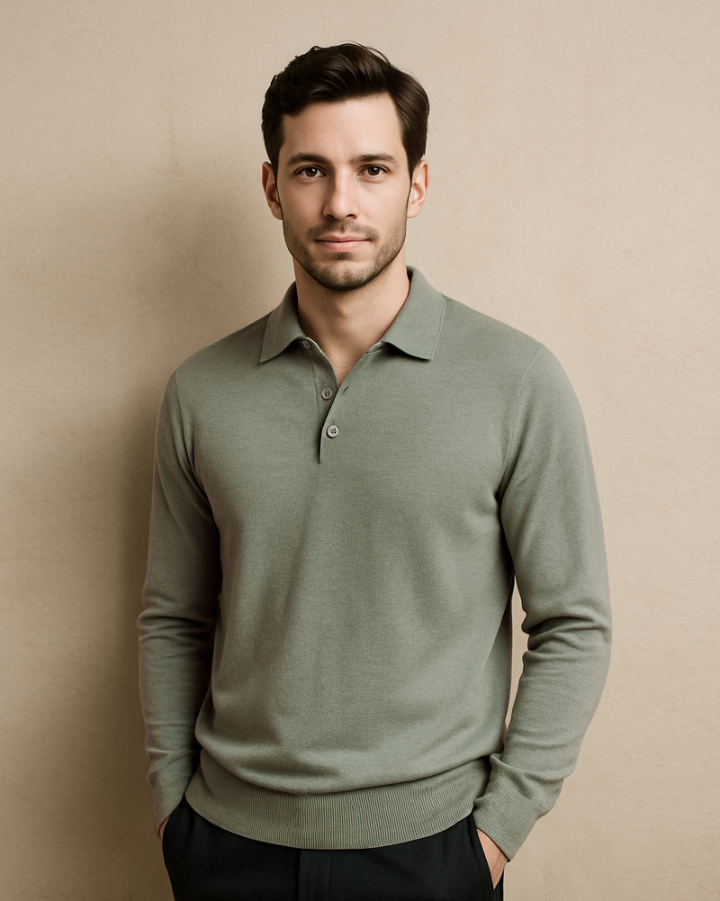 EZS Merino Wool Pale Olive  Long Sleeve Polo