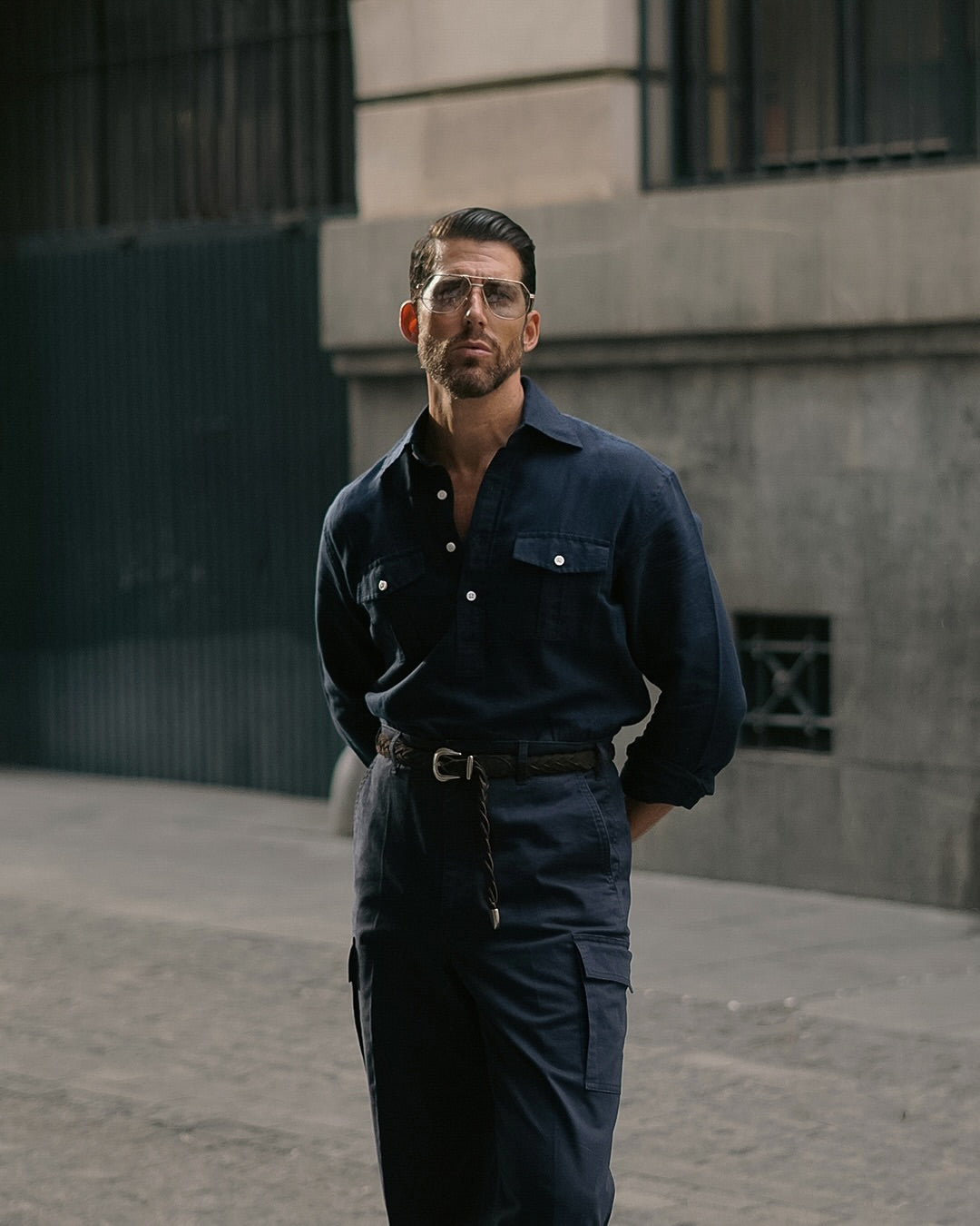 Navy Cotton Twill High Rise Cargo Pant