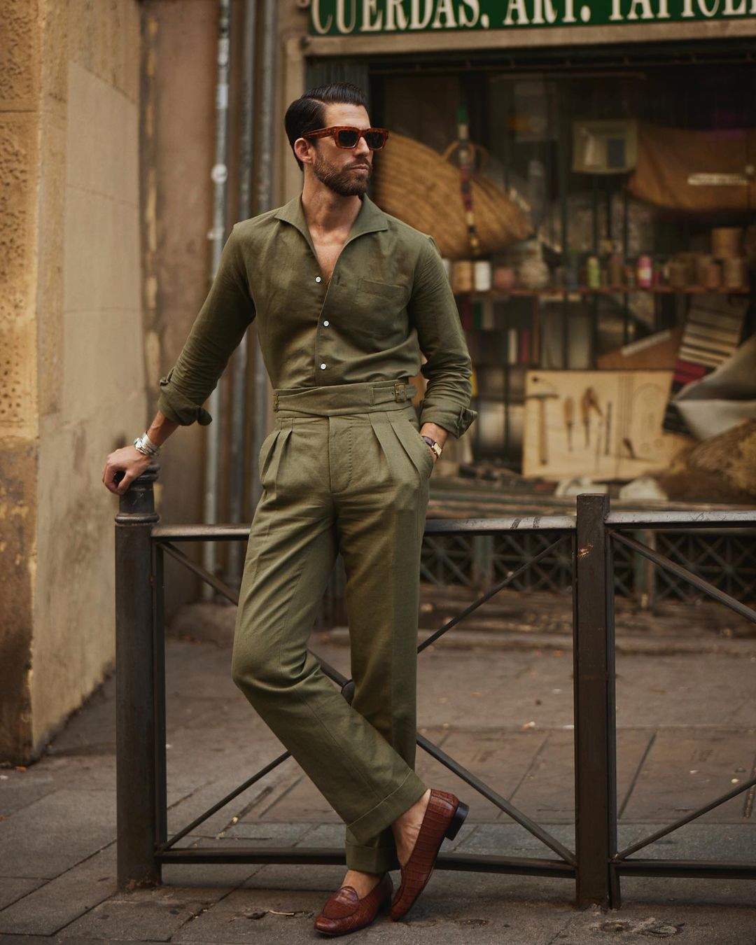 Summer Olive Linen Shirt with one piece collar placket - 3