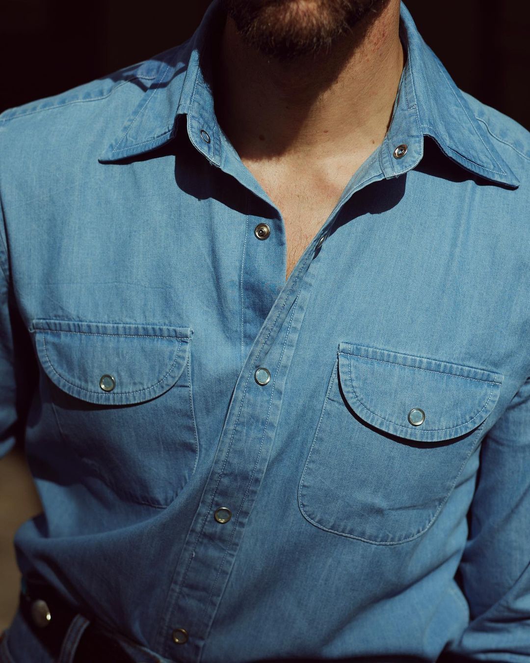 Fade Washed Indigo Denim Chambray Shirt - 1