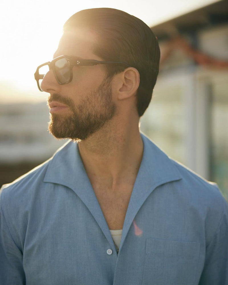 Pleated Powder Blue Twill High Rise Pant