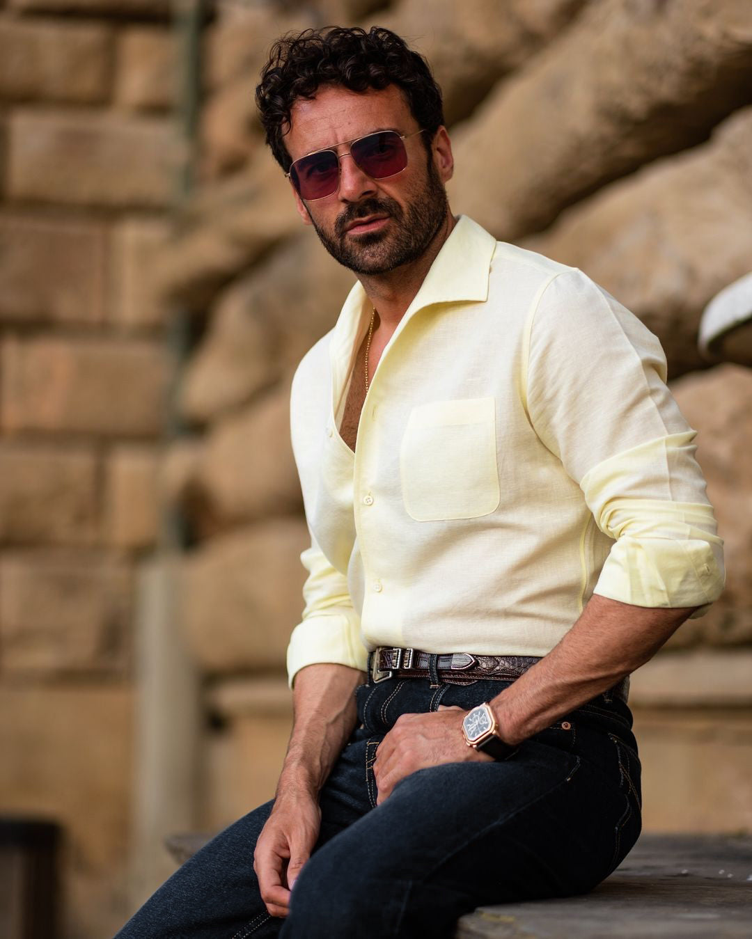 Summer Shirt in Pale Yellow Linen with one piece collar placket - 8