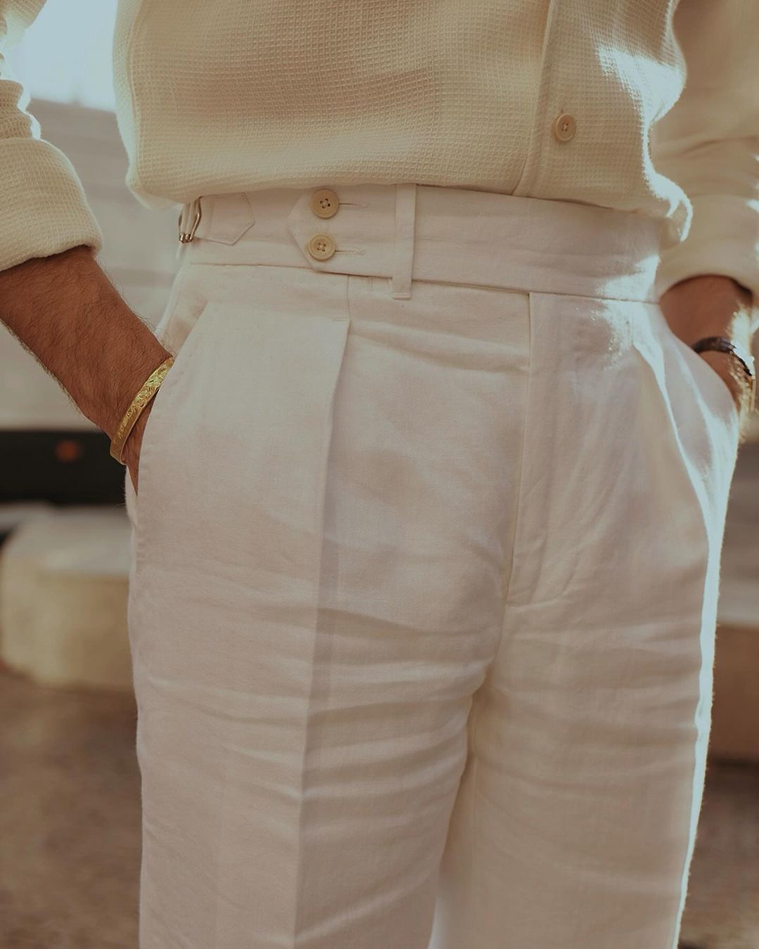 Pleated White Linen Herringbone Pant