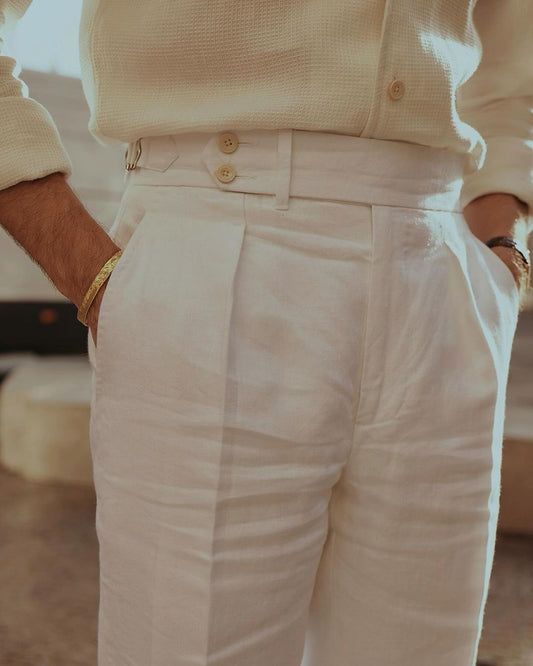 Pleated White Linen Herringbone Pant