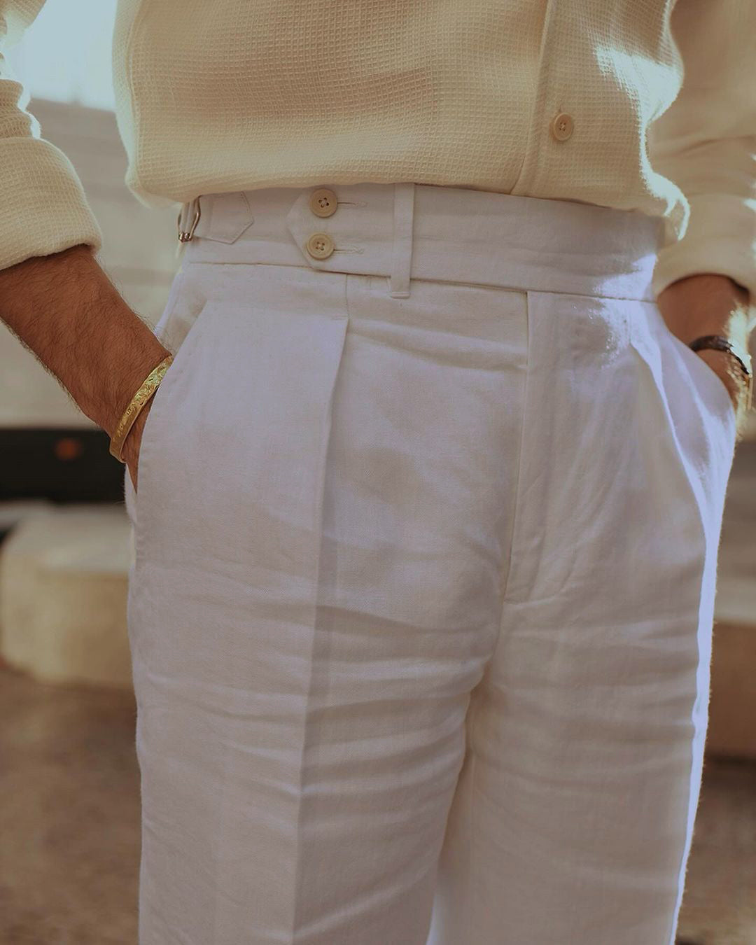 Pleated White Linen Herringbone Pant - 1