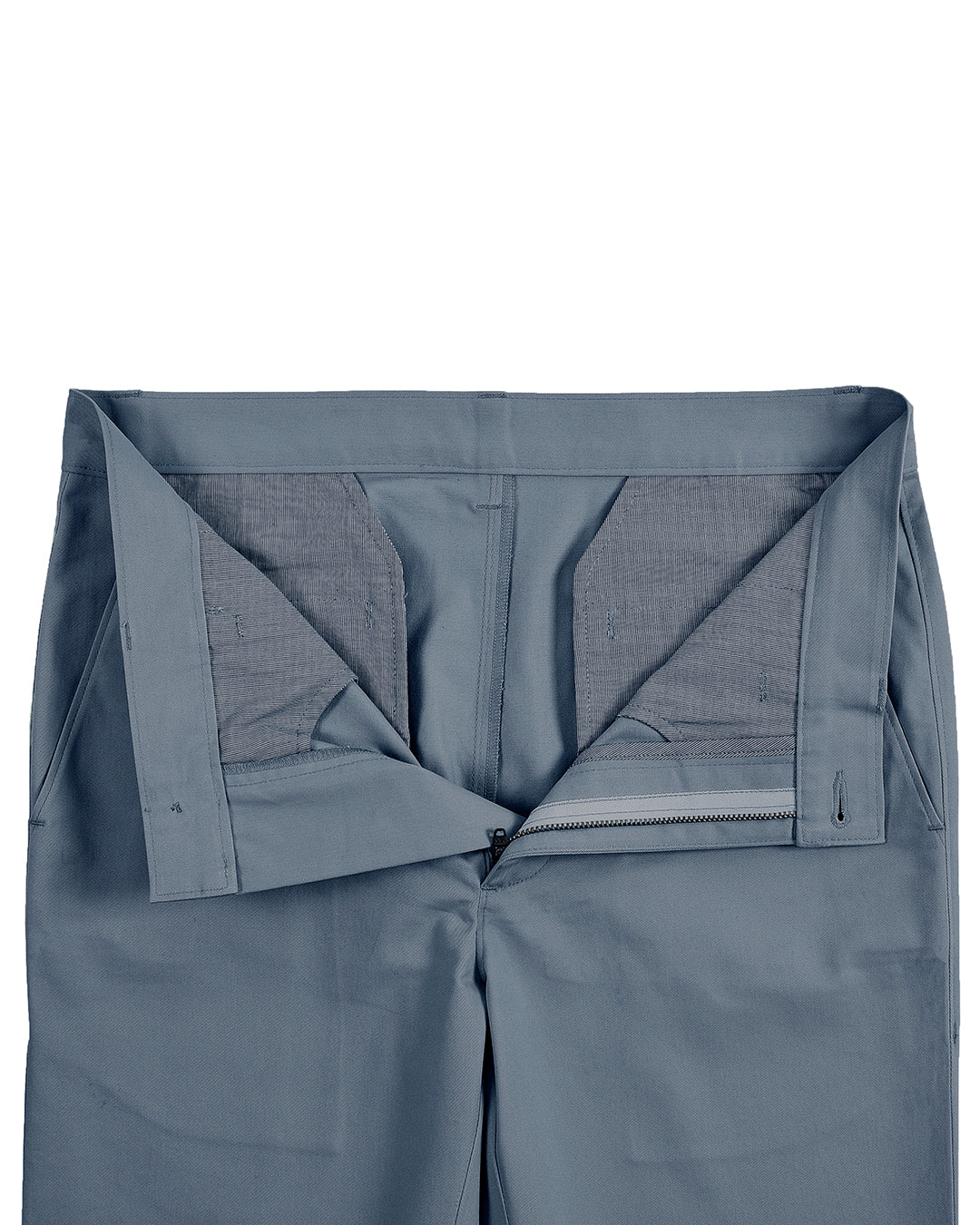 Open front view of custom Genoa Chino pants for men by Luxire in blueish grey