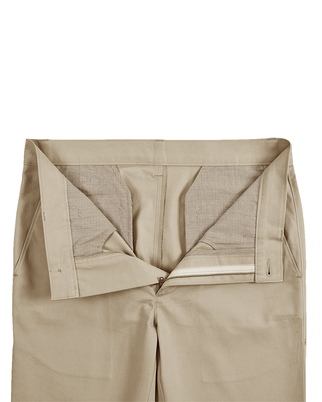 Open front view of custom Genoa Chino pants for men by Luxire in British khaki