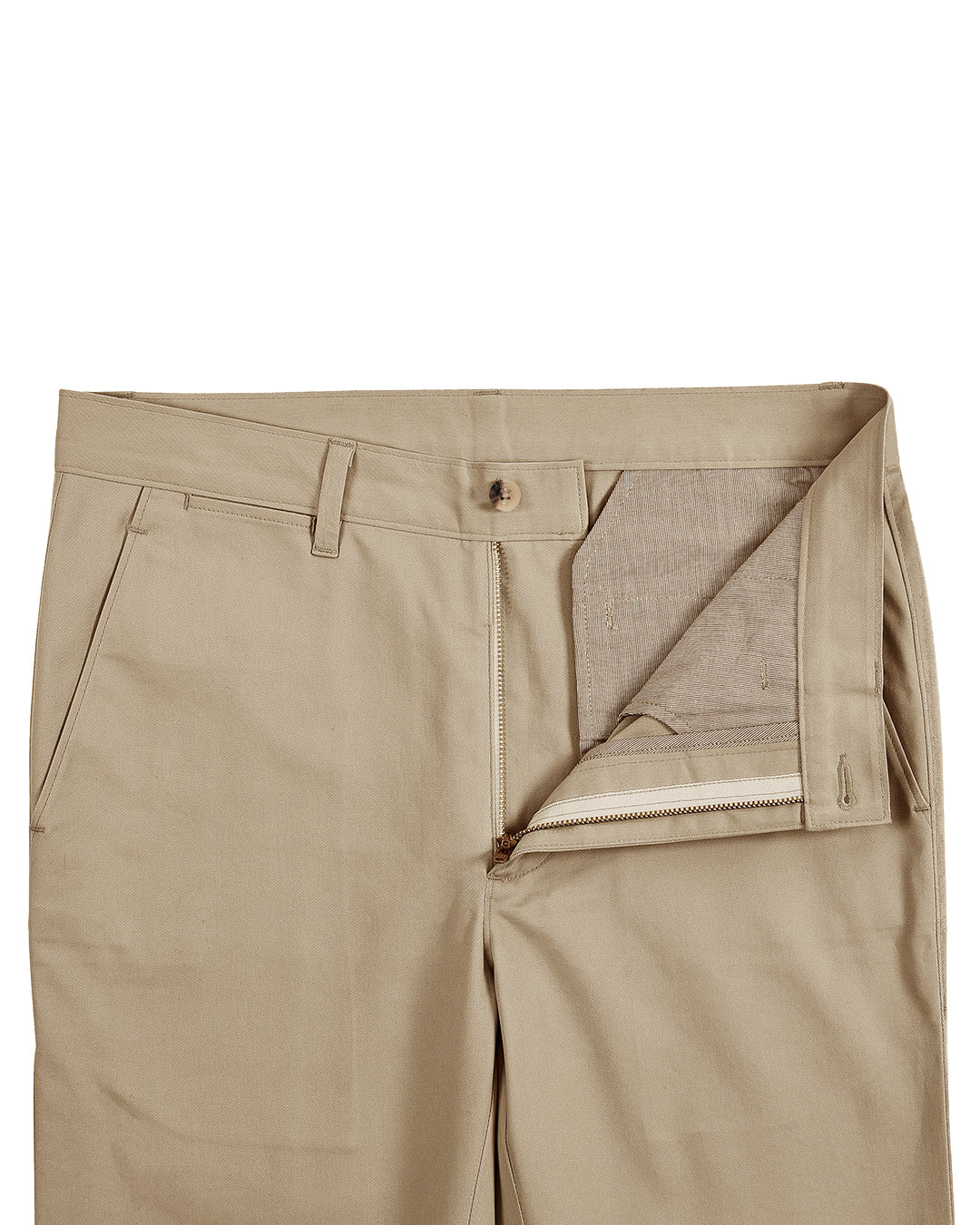 Front open view of custom Genoa Chino pants for men by Luxire in British khaki
