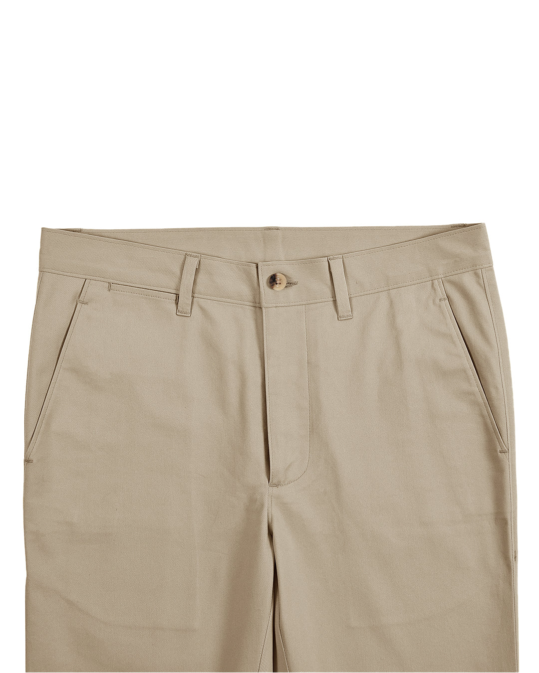Front view of custom Genoa Chino pants for men by Luxire in British khaki