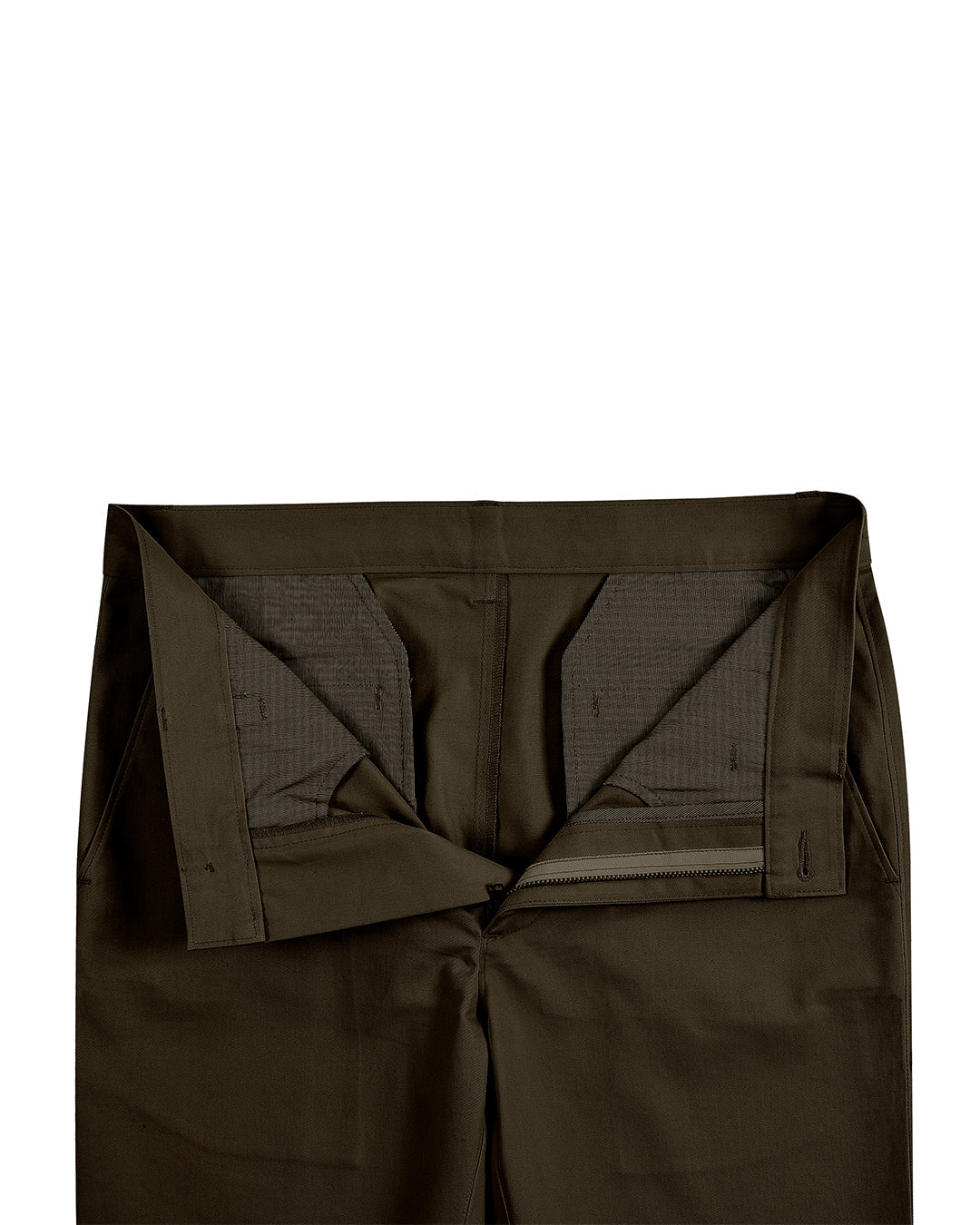 Open front view of custom Genoa Chino pants for men by Luxire in choco brown