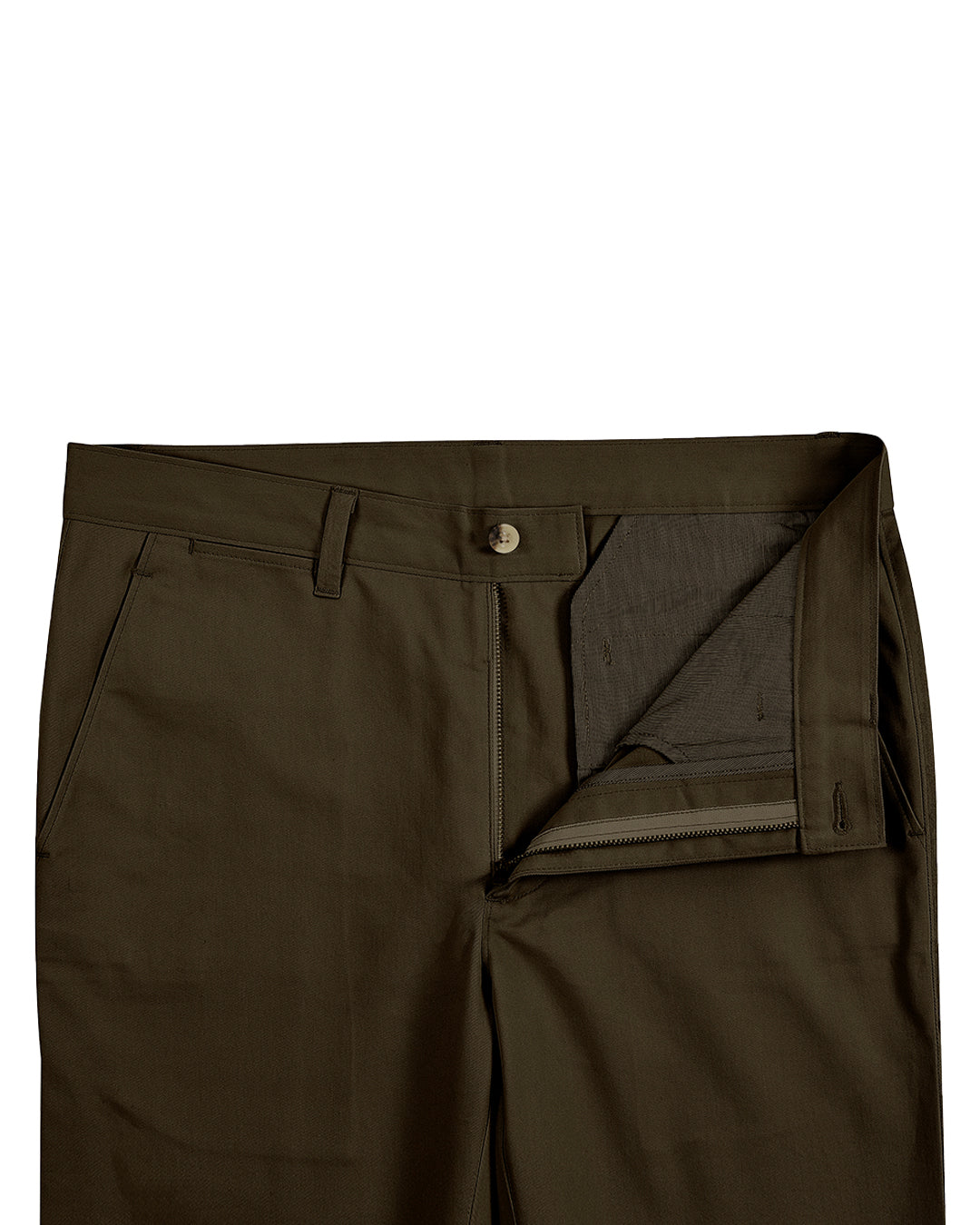 Front open view of custom Genoa Chino pants for men by Luxire in choco brown