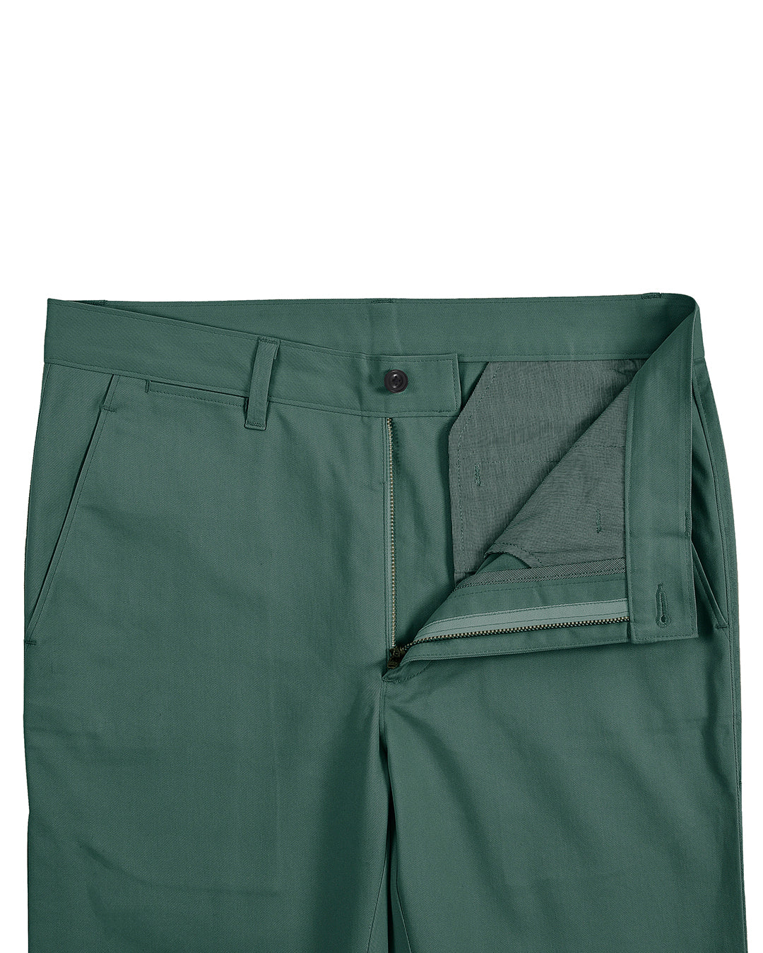 Open front view of custom Genoa Chino pants for men by Luxire in fern green