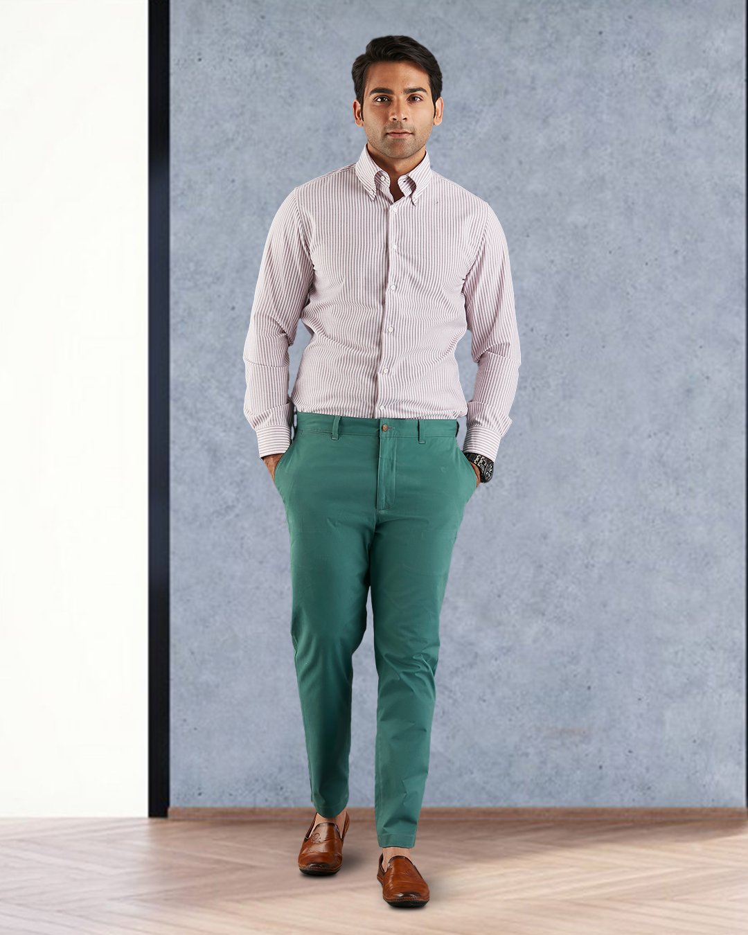 Model wearing custom Genoa Chino pants for men by Luxire in fern green