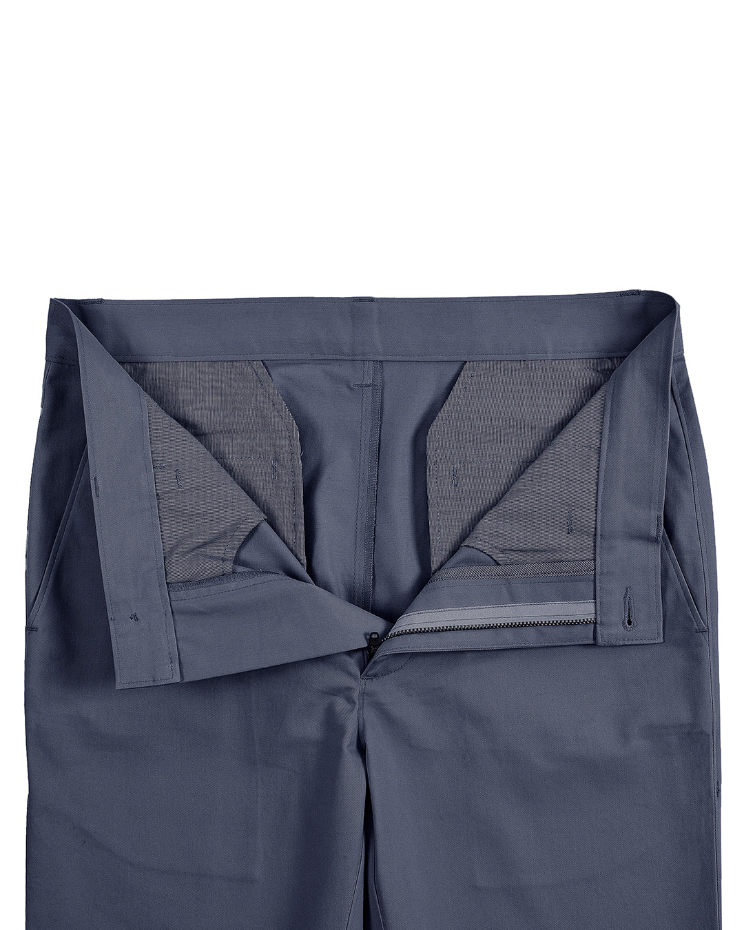 Open front view of custom Genoa Chino pants for men by Luxire in grey