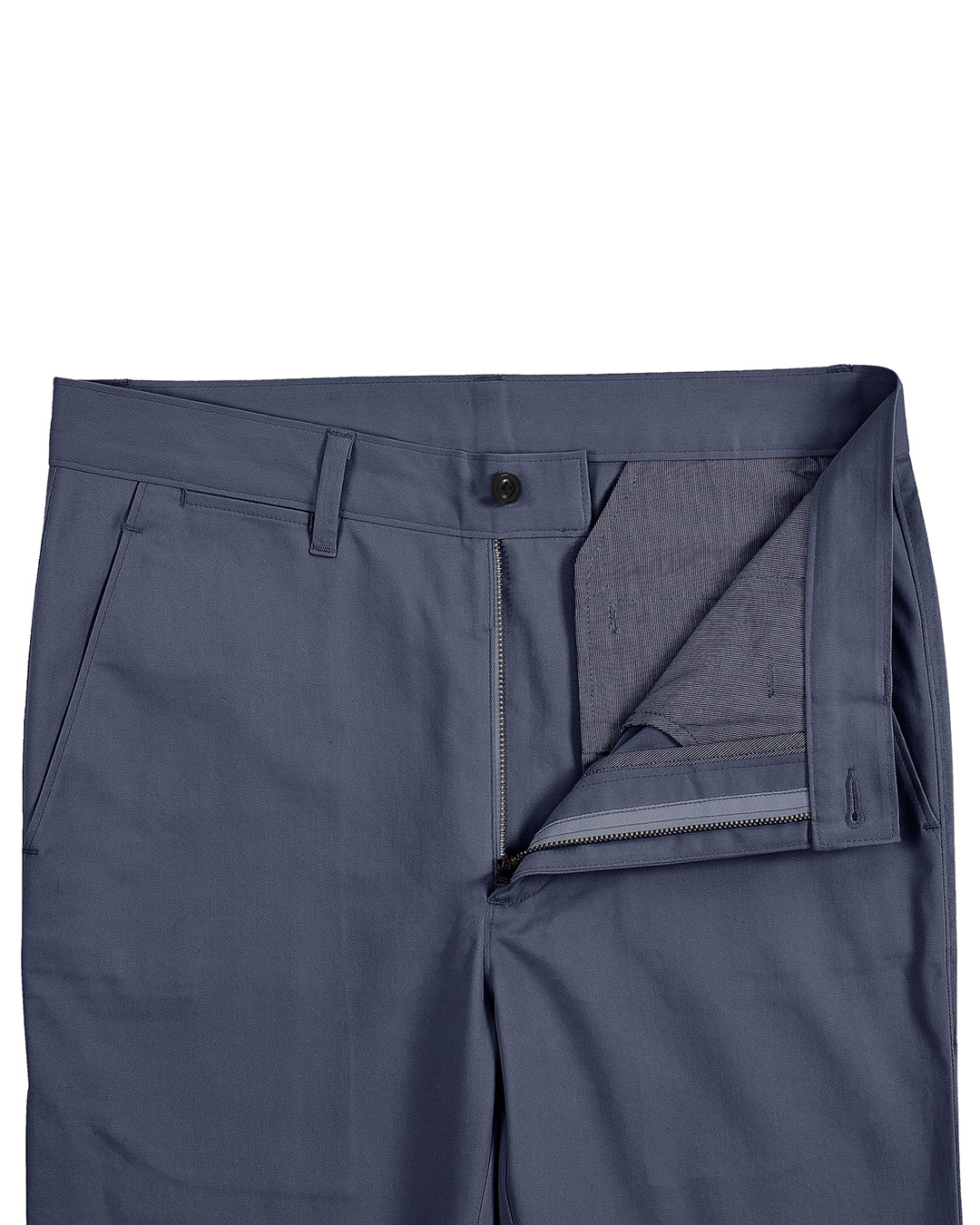 Front open view of custom Genoa Chino pants for men by Luxire in grey