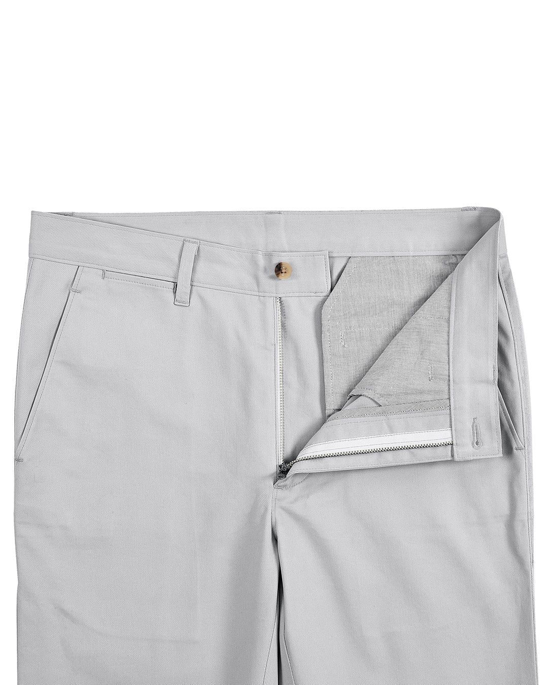 Front open view of custom Genoa Chino pants for men by Luxire in light grey