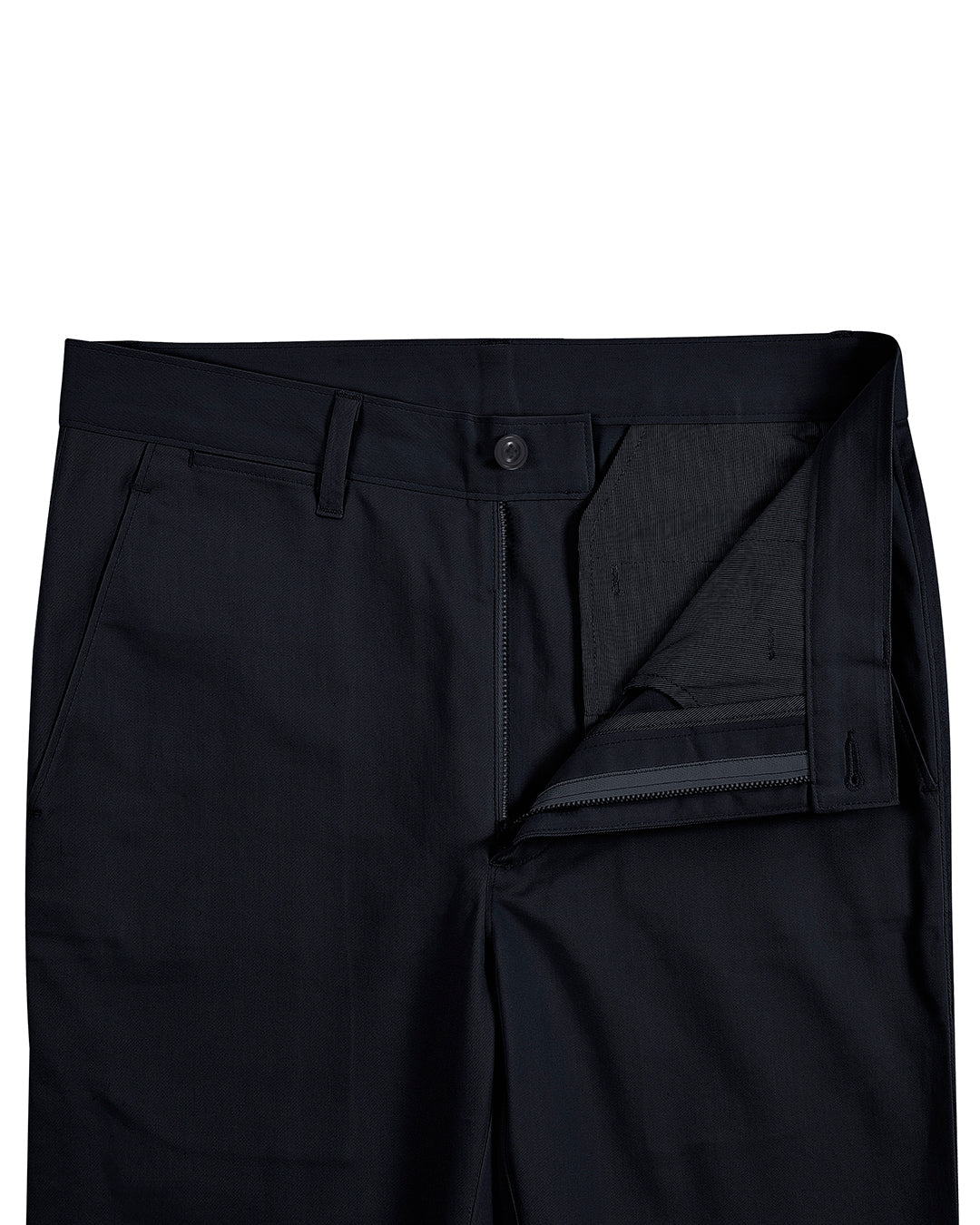 Open front view of custom Genoa Chino pants for men by Luxire in navy