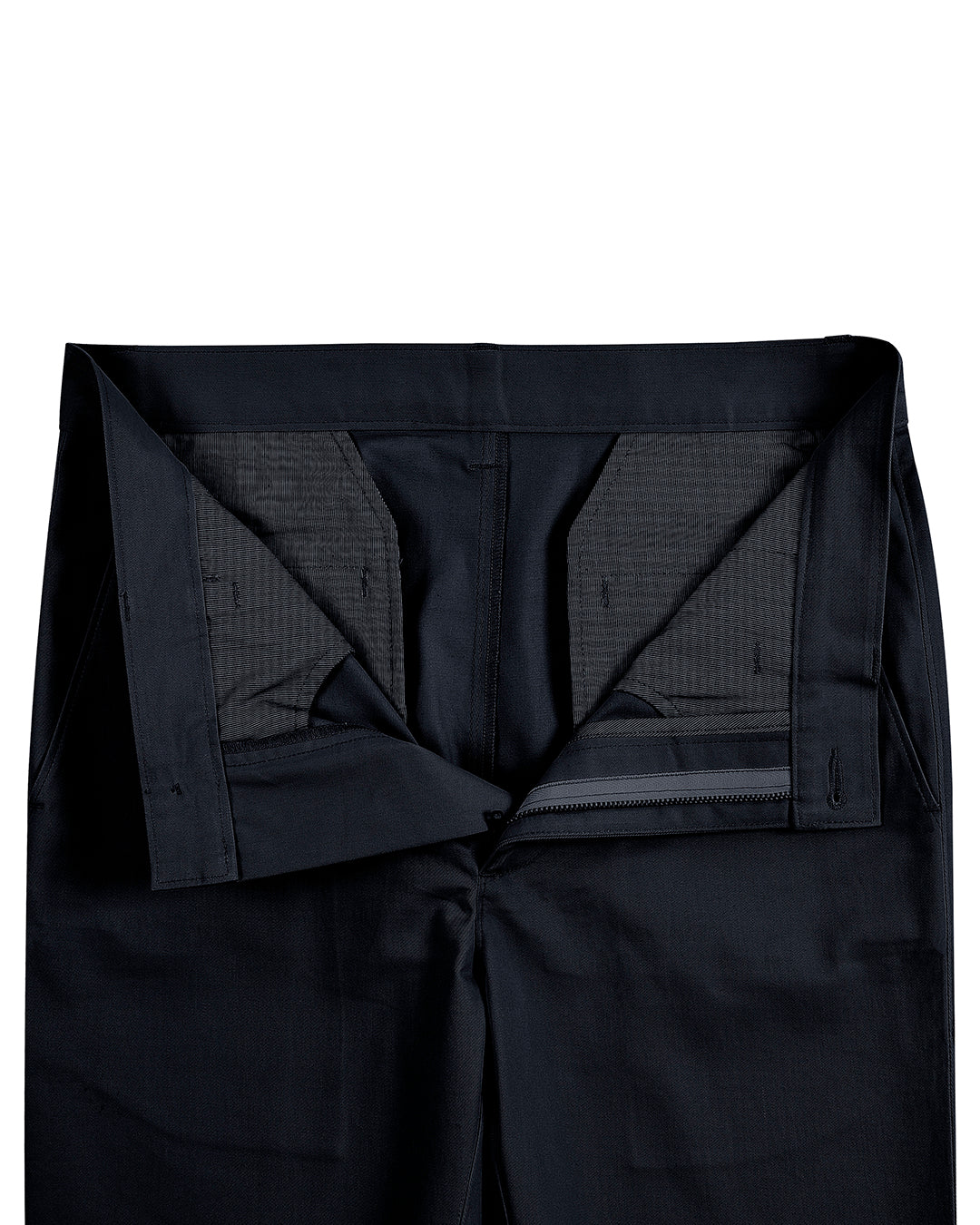 Front open view of custom Genoa Chino pants for men by Luxire in navy