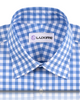 Front close view of custom check shirts for men by Luxire blue on white broad