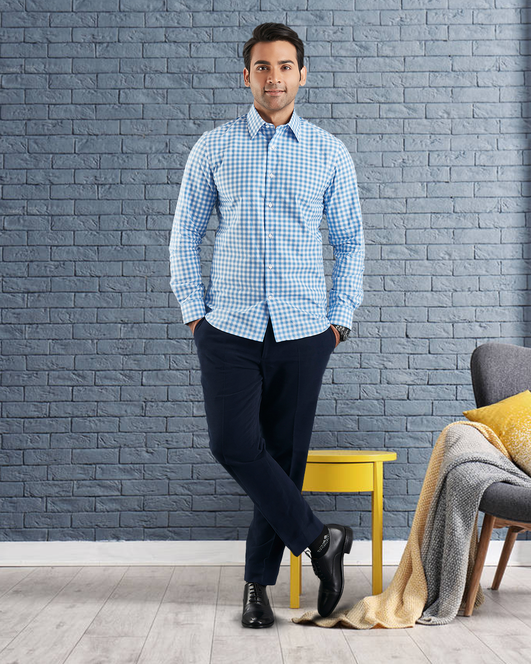 Blue on White Broad Gingham Checks Shirt - 3